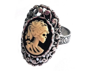 Cream and Black Lady Skeleton Cameo Ring, Day of the Dead Jewelry