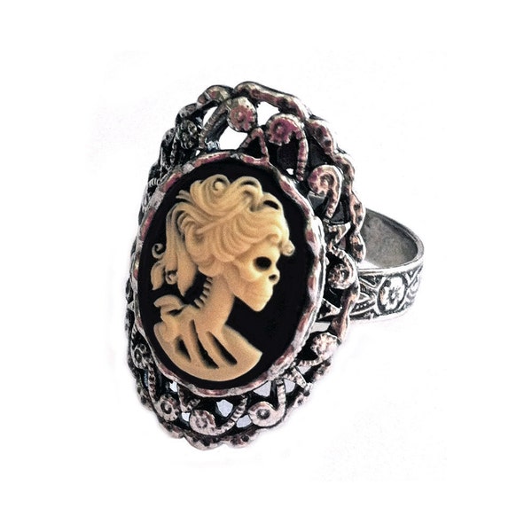 Cream and Black Lady Skeleton Cameo Ring, Day of the Dead Jewelry