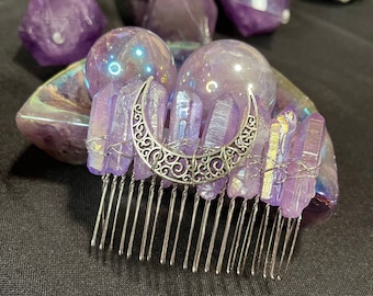 Aura Amethyst Point Crystal Hair Comb, Filigree Half Moon, Iridescent Purple Witchy Decor