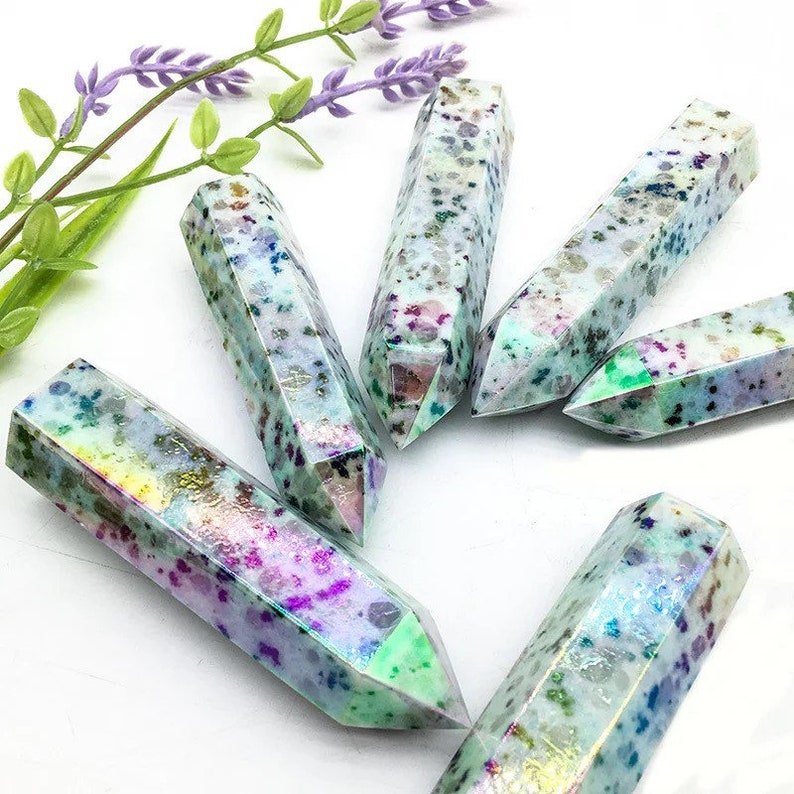 Aura Kiwi Jasper Crystal Tower Electroplated Titanium Rainbow Point Healing Stones Choose Your Own image 2