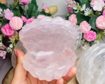 Rose Quartz Shell Jewelry Dish, Handcarved Crystal Pink Doll Seashell Ring Treasure Box