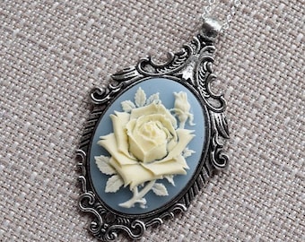 Cream and Wedgwood Blue Rose Cameo Necklace, Vintage Ornate Antique Silver Pendant