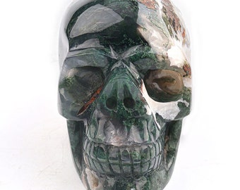 Moss Agate Crystal Skull Carving, Druzy Geode Skull Head Hand Carved, Healing Stone