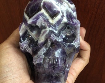 Chevron Amethyst Skull Carving, Hand Carved Crystal Skulls, Crystals for Meditation, Witchy Decor