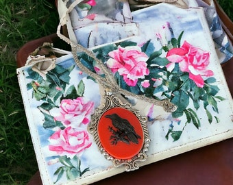Black Raven on Fire Orange Victorian Style Cameo Necklace, Birds, Crow, Vintage Ornate Antique Silver