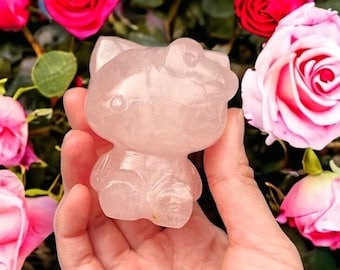 Beautiful Rose Quartz Crystal Cat Carving, Hand Carved Kitty Crystal, Pink Kawaii Witchy Decor