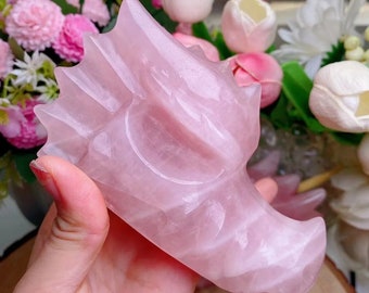 Beautiful Rose Quartz Dragon Head Skull Carving, Hand carved Crystal for Meditation, Pink Witchy Decor