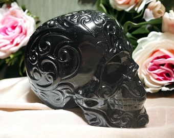 Polished Black Obsidian Filigree Skull Carving, Hand Carved Crystal for Home Decoration