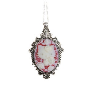 Cream and Black Kitty Cameo Necklace, Victorian Ornate Antique Silver Pendant Red