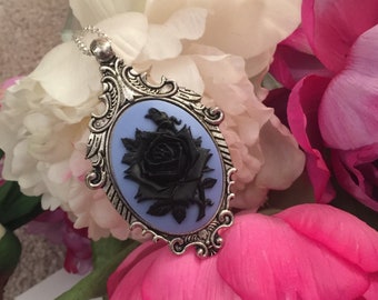 Elegant and Versatile: Black and Blue Victorian Rose Cameo Necklace with Satellite Chain