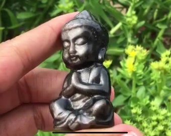 Silver Obsidian Buddha Statue Carving, Natural Hand Carved Stone Spiritual