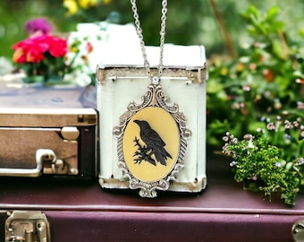 Black Raven on Victorian Style Cameo Necklace, Birds, Crow, Vintage Ornate Antique Silver
