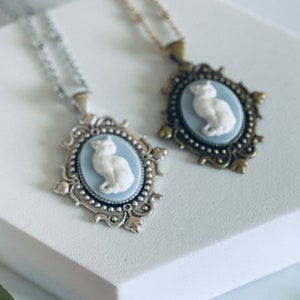Blue Cat Cameo Necklace - Gothic Victorian Pendant in Bronze or Silver - Medium Size