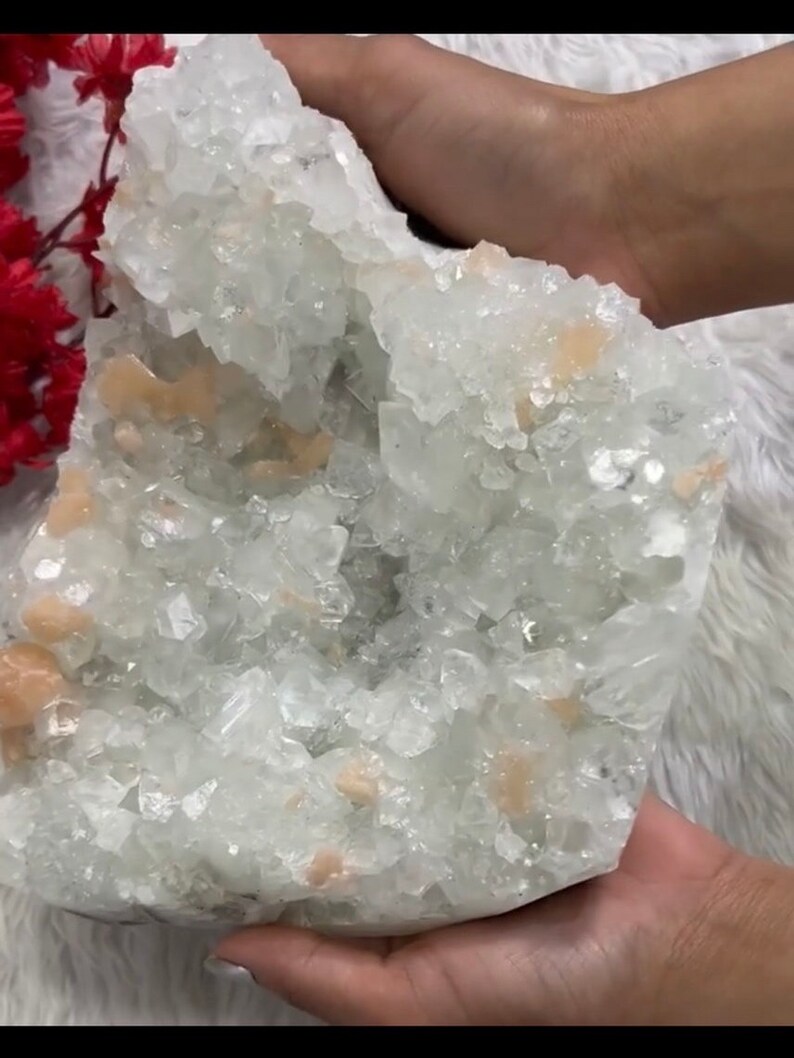 XLarge Super Grade Glassy Pointed Apophyllite with Peach Stillbite Geode, Stalactite Zeolite Chunky Cluster Collectors Piece image 2
