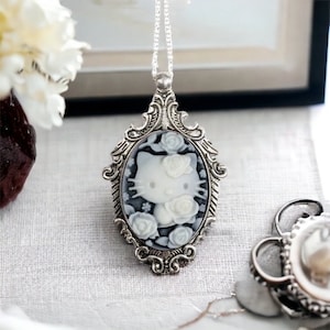 Black and Cream Kitty Cameo Necklace - Victorian Antique Silver Pendant