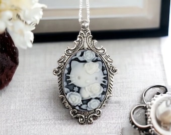 Cream and Black Kitty Cameo Necklace, Victorian Ornate Antique Silver Pendant