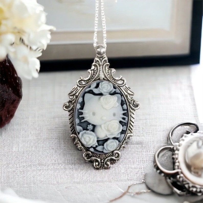 Cream and Black Kitty Cameo Necklace, Victorian Ornate Antique Silver Pendant image 1