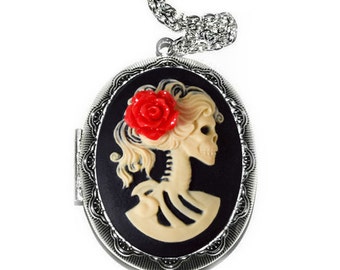 Skeleton Lady Cameo Locket Necklace, Vintage Ornate Antique Silver Pendant