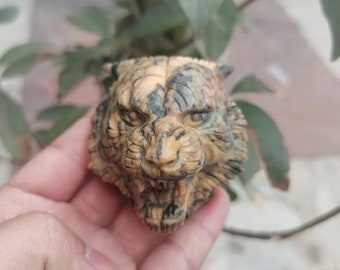 Tiger Skin Crystal Head, Hand Carved Animal Figurine, Cat Theme Home Decor