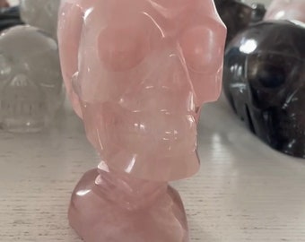 Majestic Rose Quartz Skull - Realistic Human Design with Fitted Pedestal