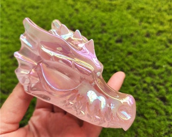 Aura Rose Quartz Dragon Skull Carving, Pink Angel Aura Stone, Healing Crystals