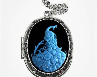 Blue Black Peacock Cameo Locket Necklace Vintage Antique Silver Pendant