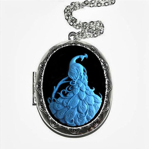 Blue and Black Peacock Cameo Locket Necklace, Vintage Ornate Antique Silver Pendant
