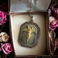 Vintage Octagon Vampire Bat Lady Pendant - Rare Setting - Antique Silver or Bronze - Choose Your Chain Length