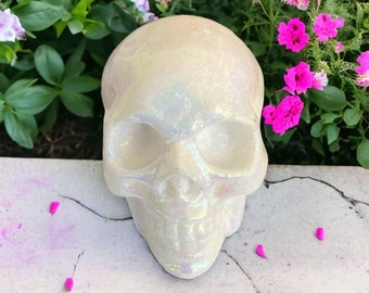 Iridescent Aura Jade Skull Carving, Hand carved Crystal for Meditation, Witchy Decor