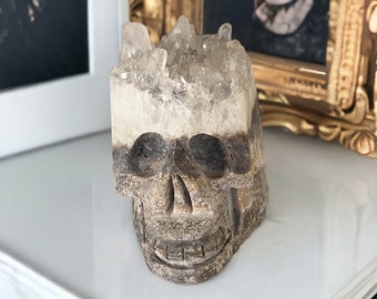 Stunning Quartz Cluster Skull Carving, Hand carved Crystal for Meditation, Witchy Decor