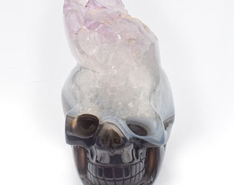 Amethyst Geode Crystal Skull, Agate Quartz Natural Carving, Crystals for Meditation, Witchy Decor