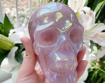 Aura Rose Quartz Skull Carving, Hand Carved Crystal Skulls, Crystals for Meditation, Witchy Decor