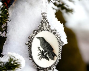 Victorian Style Raven Cameo Necklace, Birds, Crow, Vintage Ornate Antique Silver