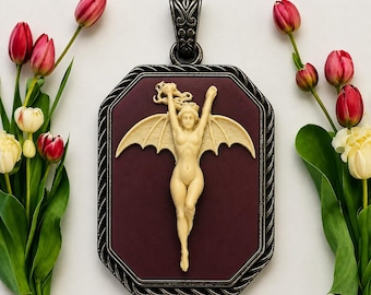 NEW COLOR! Vampire Bat Cameo Necklace: Gothic Victorian Pendant in Black, BURGUNDY , and Blue in a Bronze Setting