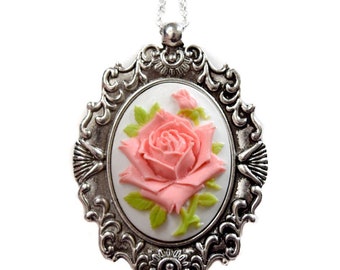 Peach Rose Cameo Necklace, Shabby Chic Pendant, Cameo Flower Jewelry, Statement Piece, Mother Christmas Gift
