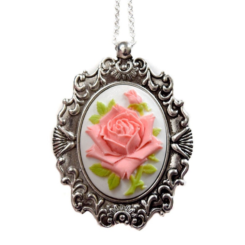 Peach Rose Cameo Necklace, Shabby Chic Pendant, Cameo Flower Jewelry, Statement Piece, Mother Christmas Gift image 1