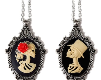 Cream and Black Lady Skull and Skeleton Man Cameo Necklace Set, Wedding Gift for Bride and Groom