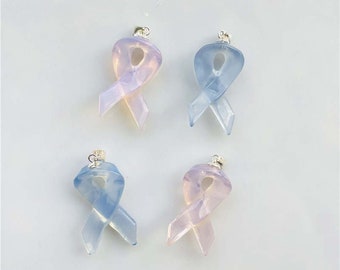 Crystal Ribbon Awareness Pendant Necklace, Breast Cancer Carving, Pink Opalite Blue Opalite Pendant