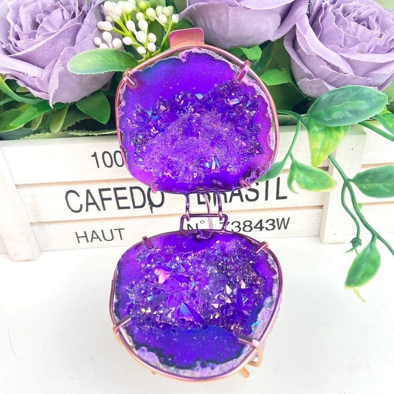 Aura Purple Agate Geode Gemstone Ring Jewelry Box image 1