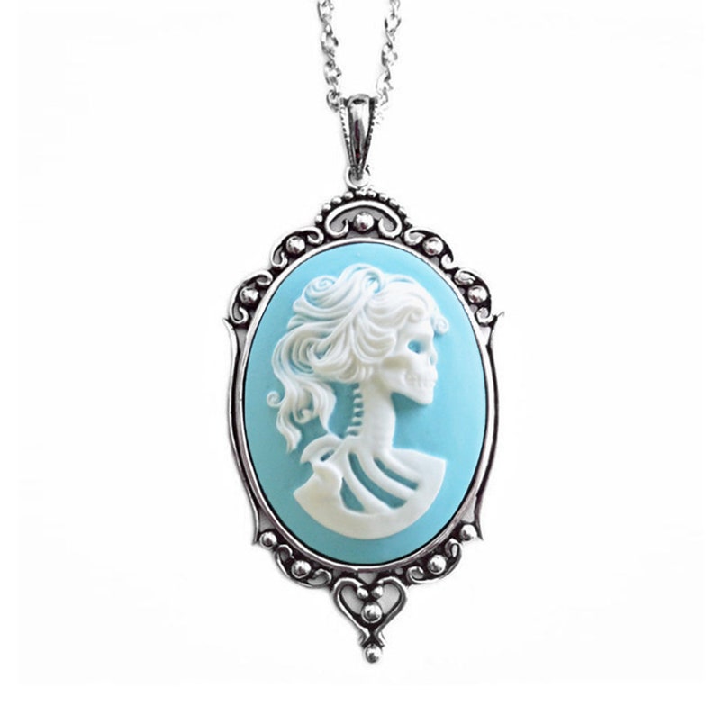 Vintage Ornate Antique Silver Pendant Skeleton Goddess Cameo Necklace White on Turquoise Blue
