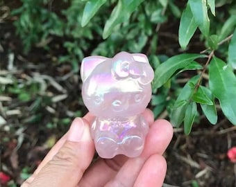 Aura Rose Quartz Kitty Crystal, Pink Female Cat Cartoon Carving, Rainbow Electroplated Anime Character Hand Carved