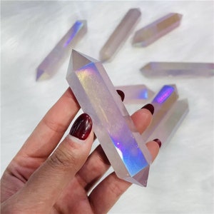 Aura Rose Quartz Double Point Crystal, Hand Carved Pink Gemstone Wand, Crystals for Meditation