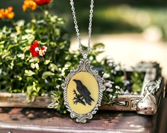 Black Raven Victorian  Cameo Necklace, Birds, Crow, Vintage Ornate Antique