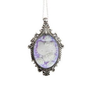 Cream and Black Kitty Cameo Necklace, Victorian Ornate Antique Silver Pendant Purple