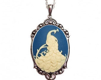 Cream and Blue Peacock Cameo Necklace,, Vintage Ornate Antique Silver Pendant