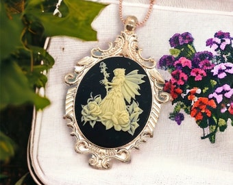 Beige and Black Fairy Magic Cameo Necklace, Rose Gold Victorian Ornate Pendant