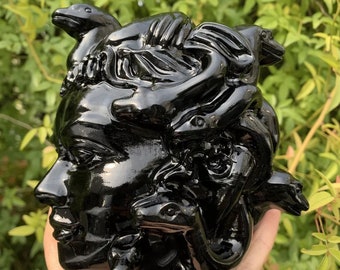 Black Obsidian Crystal Medusa Head with Snakes Carving, Greek Mythology Hand Carved Goddess