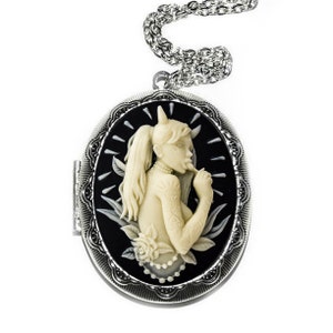 Vintage Devil Girl Cameo Locket Necklace: Antique Silver Gothic Pendant