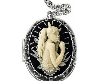 Cream and Black Devil Girl Cameo Locket Necklace, Vintage Ornate Antique Silver Pendant