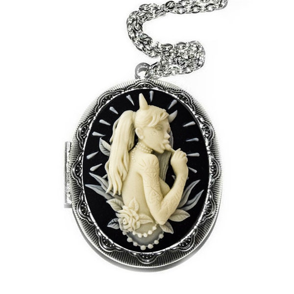 Vintage Devil Girl Cameo Locket Necklace: Antique Silver Gothic Pendant